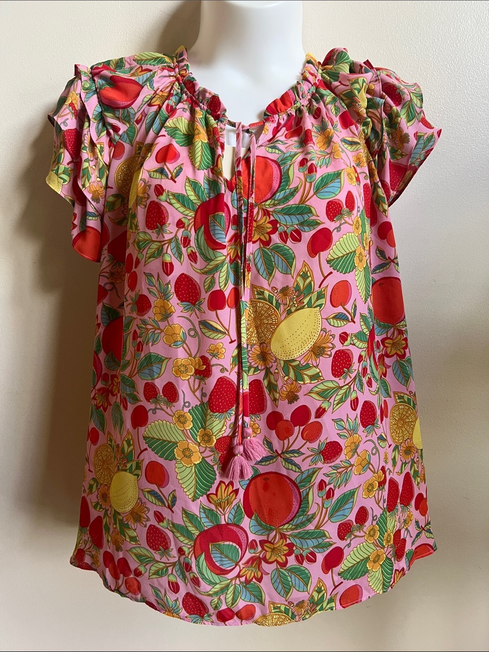 Rose & Olive Fruit Floral Ruffle-Sleeve Blouse flirty fun print farmers market